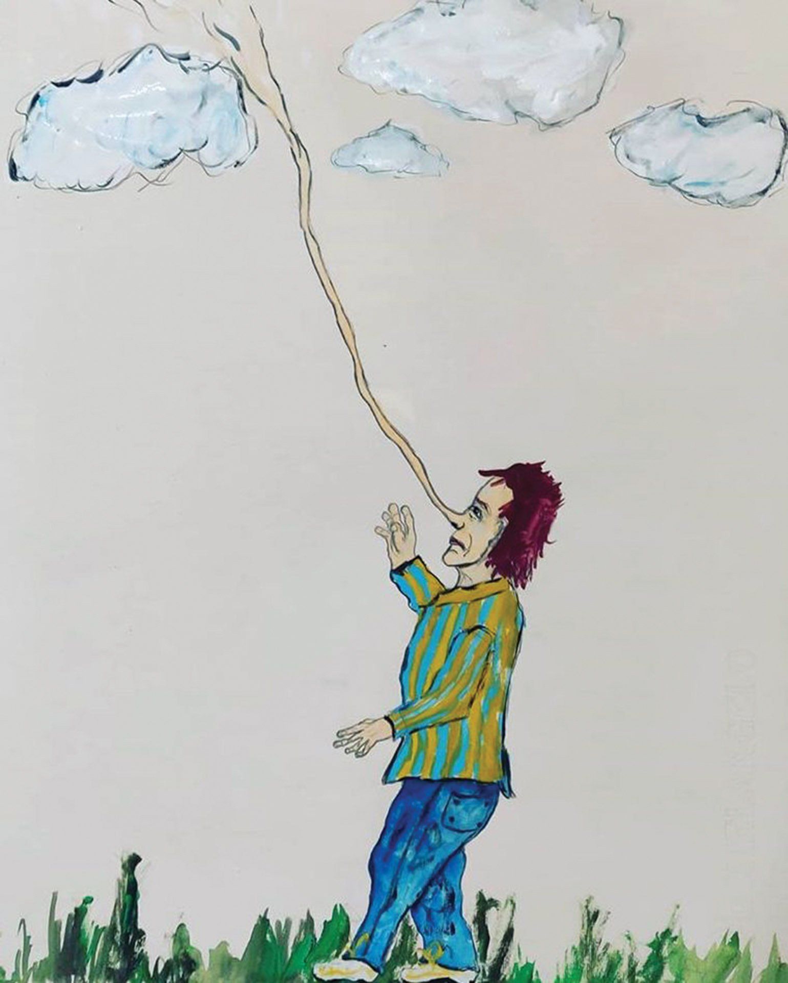 A painting of a man flying a kite with clouds in the background