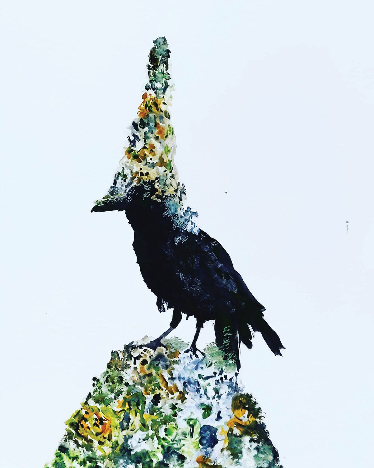 A black bird sitting on top of a rock with a cone on its head