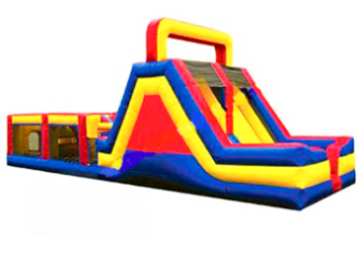 A red , yellow and blue inflatable obstacle course on a white background.