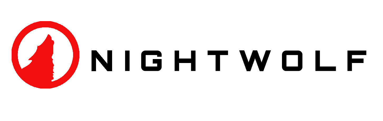 A nightwolf logo with a wolf in a red circle on a white background.