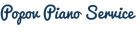 Het logo van Popov Piano Service in blauw schrift op een witte achtergrond.