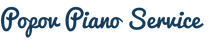 Het logo van Popov Piano Service in blauw schrift op een witte achtergrond.