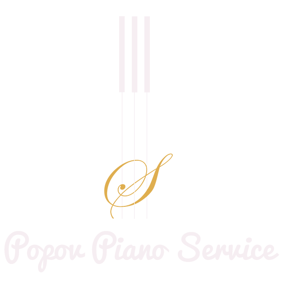 Gouden muzieknootlogo met subtiele pianotoetsen en de tekst