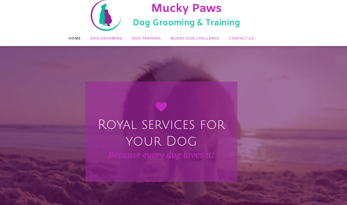 Mucky Paws dog grooming and training website homepage with purple beach hero banner and “Royal Services for Your Dog” text
