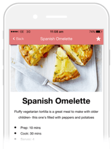 Recipe app screen showing Spanish omelette with photo and short prep/cook times