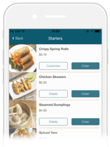Mobile food menu screen with appetizer items, prices, and Order buttons.