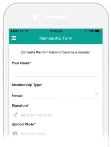 Mobile screen showing a teal-topped Membership Form with fields for name, type, signature, and photo upload.