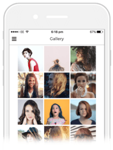 Photo gallery grid of portrait thumbnails on a smartphone screen