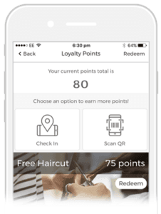 Mobile app screen showing loyalty points, check-in and scan QR options, and a free haircut reward.