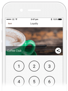 Smartphone loyalty app screen for Coffee Club with a drink banner and numbered reward circles