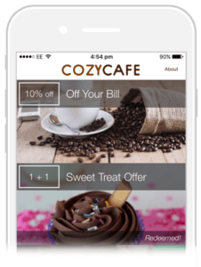 Mobile app screen for COZYCAFE showing coffee and cupcake offers with “10% off” and “1+1 sweet treat offer”