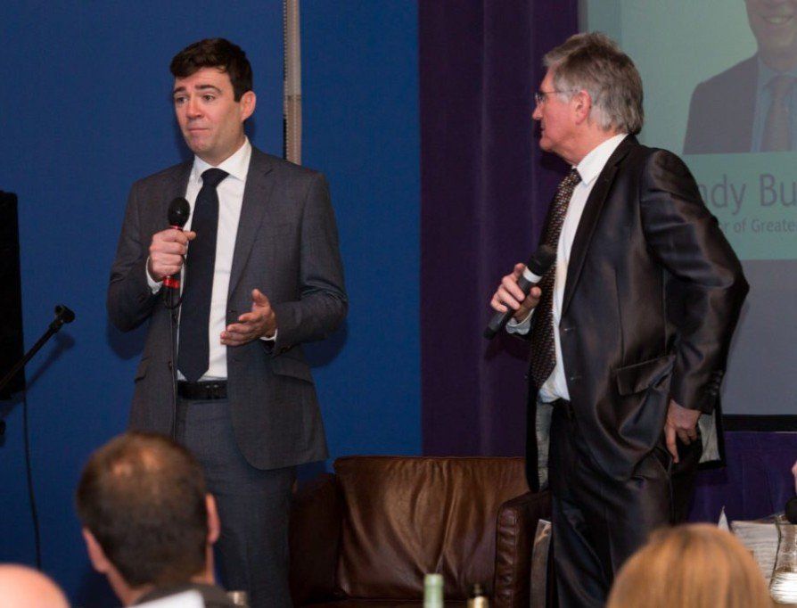 Hosting the 2018 Warrington Business Awards, with Andy Burnham, (Mayor of Greater Manchester).