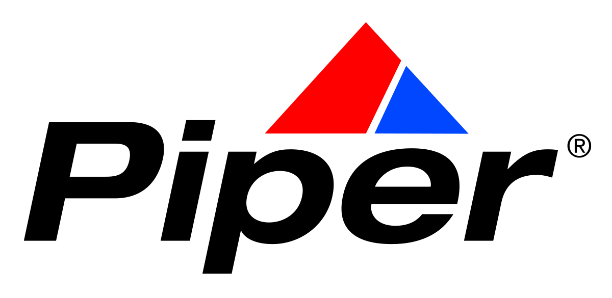 A piper logo with a red , blue and white triangle on a white background.
