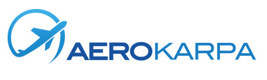 A blue and white logo for aerokarpa with an airplane in the middle.