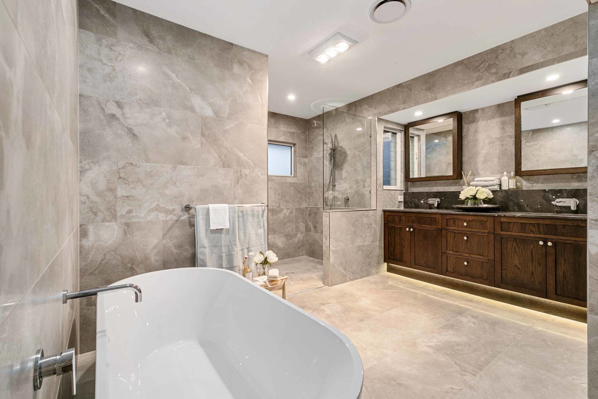 Bathroom with brown cabinet