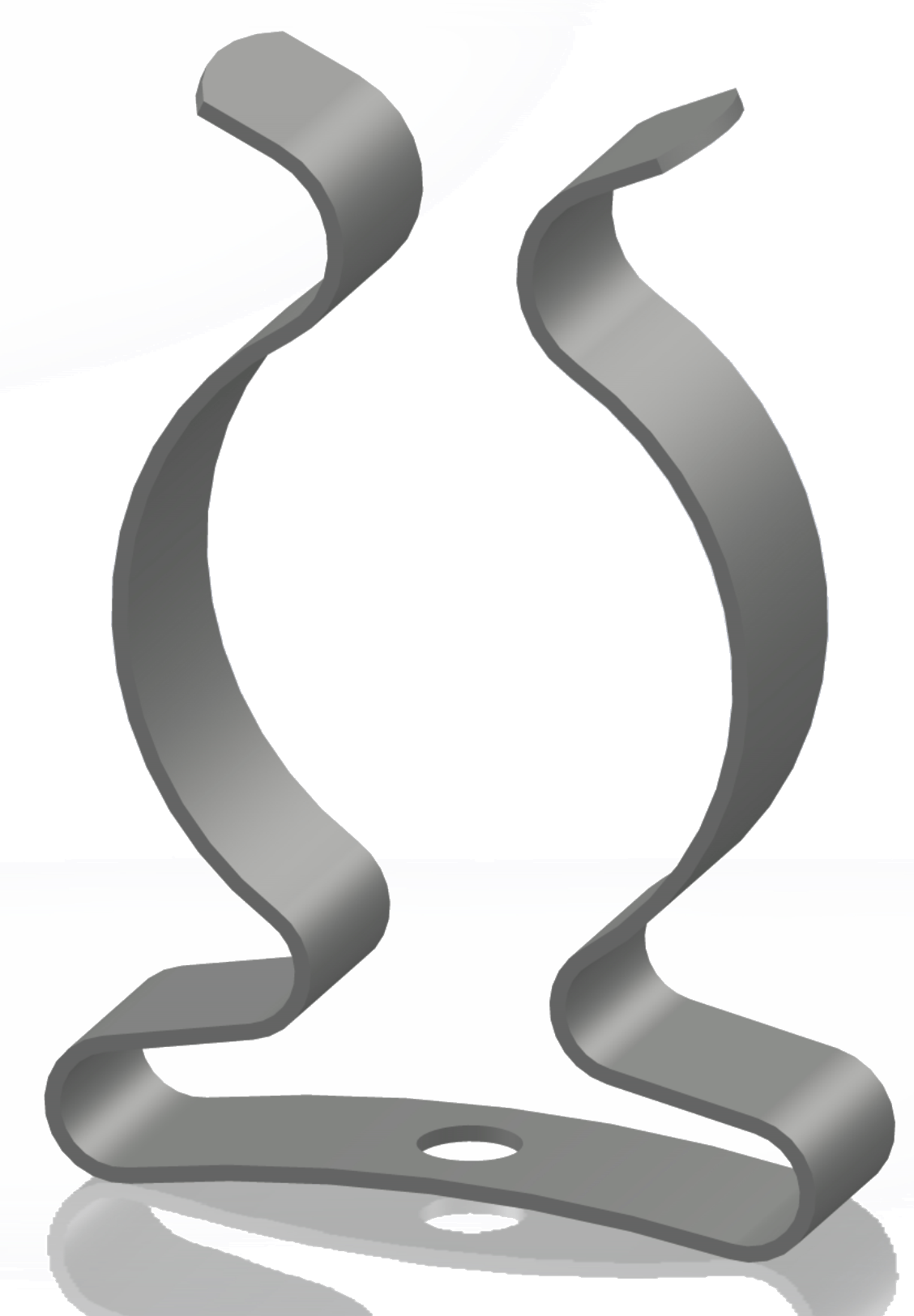 Silver metal spring clip with wavy sides and a flat base with a hole.