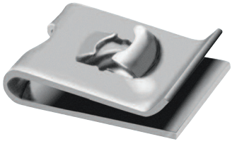 Metal clip nut, silver, holding two surfaces together.