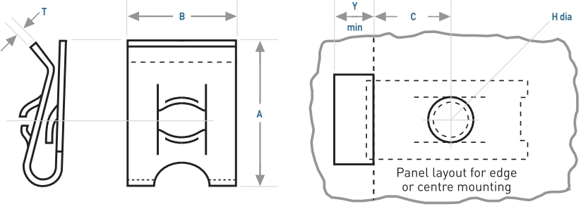 Diagram of a metal clip and panel layout, labeled with dimensions for edge or center mounting.
