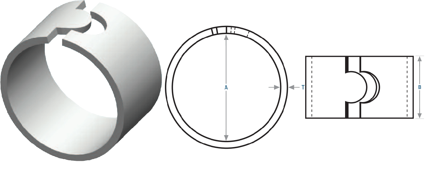 White ring with cut-out shapes, next to two diagrams showing a cross-section and side view of the ring.
