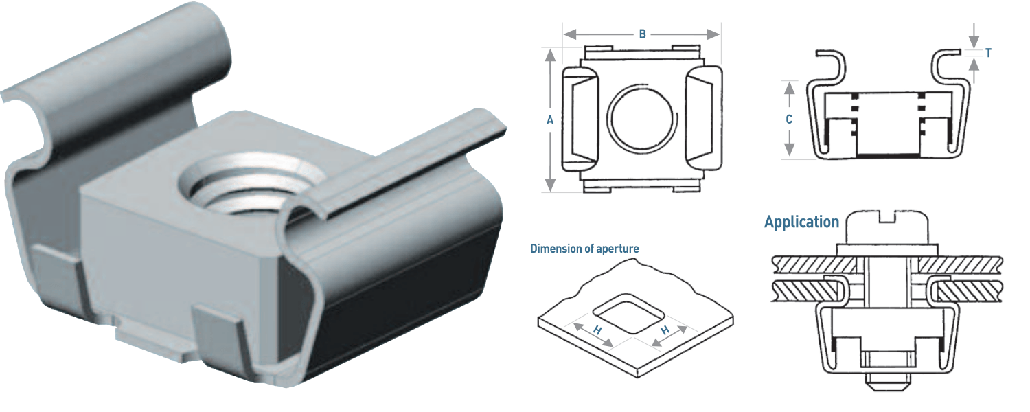 Metal cage nut with threaded insert, drawings showing dimensions and application.