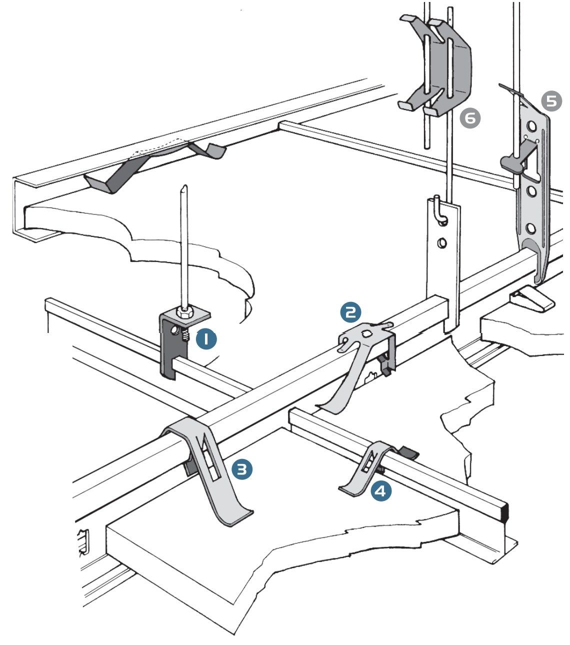 Overhead view of several metal brackets attached to suspended ceiling frame members for grid installation.