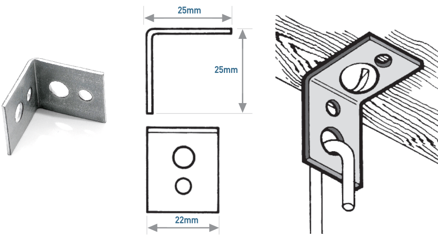 Metal corner bracket with dimensions, shown attached to wooden beams.