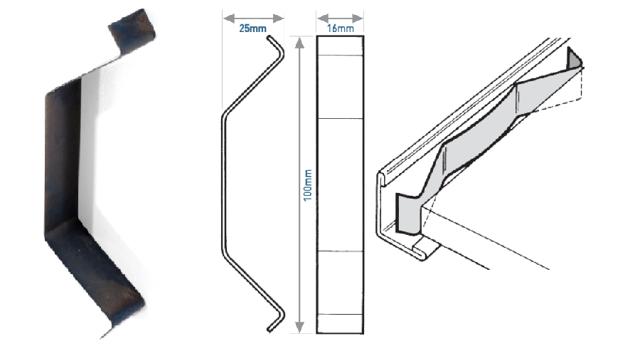 Metal bracket for guttering with dimensions, side and installation view.