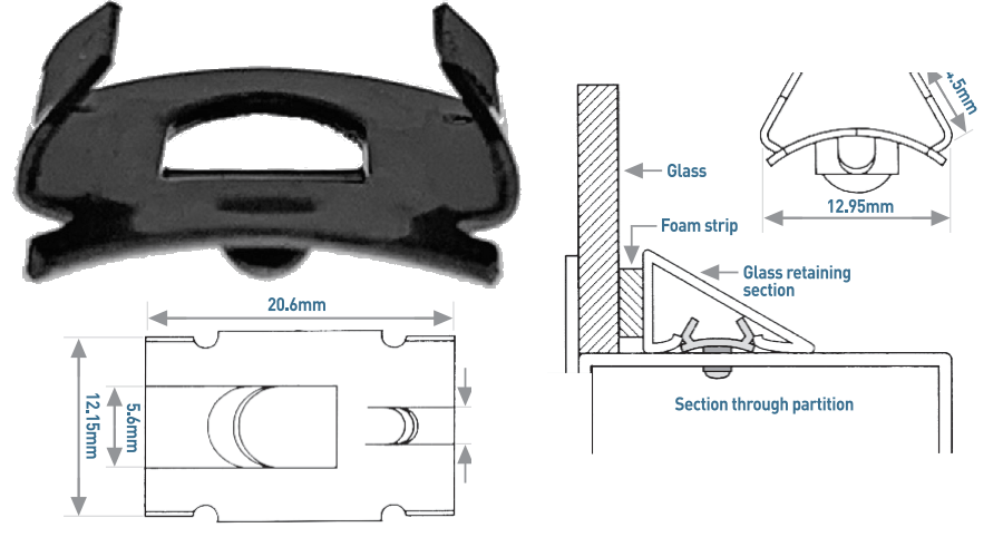 Black glass partition clip with dimensions and sectional view diagram.
