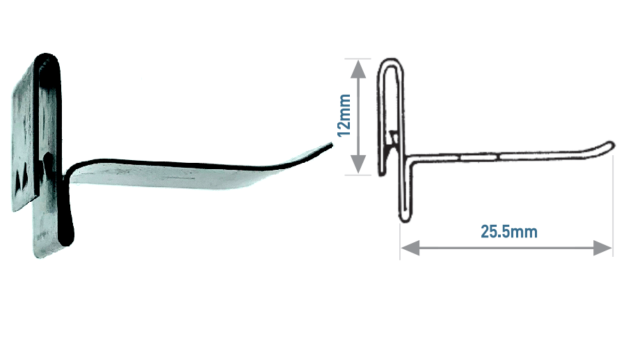 Metal shelf hook with dimensions: 12mm high loop, 25.5mm long arm.