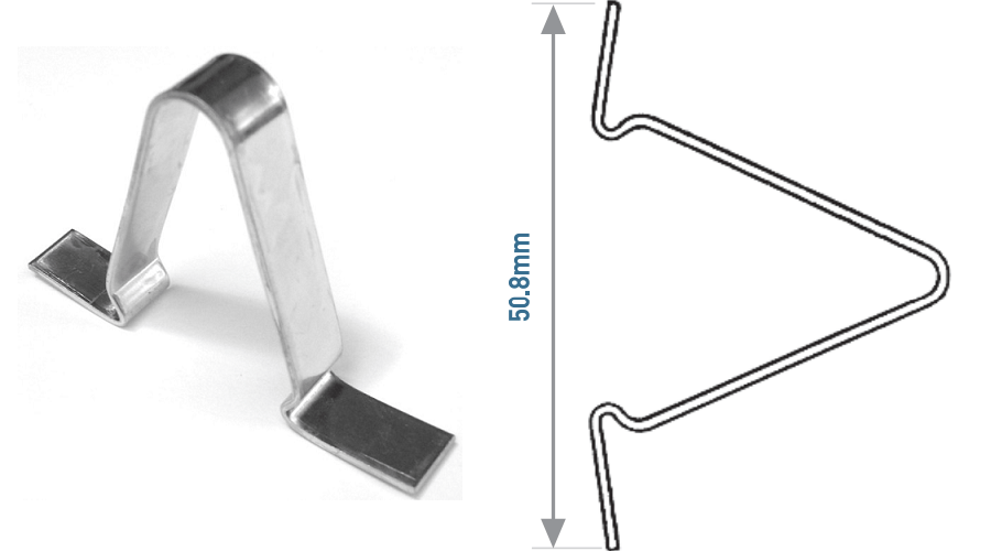 Metal V-shaped spring clip with two flat base extensions, 50.8mm high.