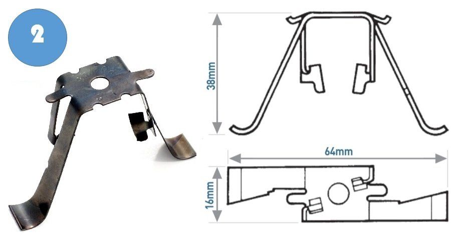 Metal ceiling tile support clip with dimensions: 38mm height, 66mm width, and 16mm depth.