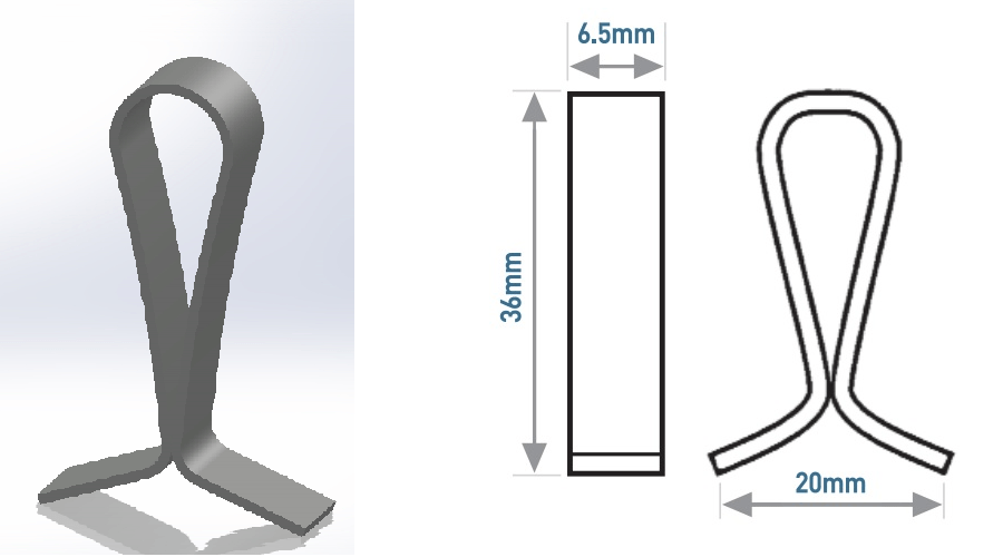 Diagram of a metal clip with dimensions: 36mm long, 6.5mm wide, 20mm base width, and a looped top.
