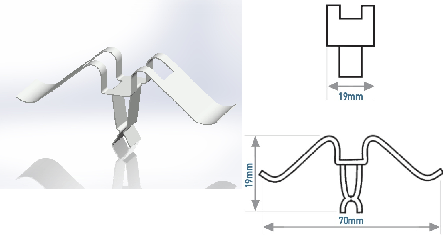 A 3D rendering and blueprint of a white metal clip. The clip has two curved arms and a central stem.