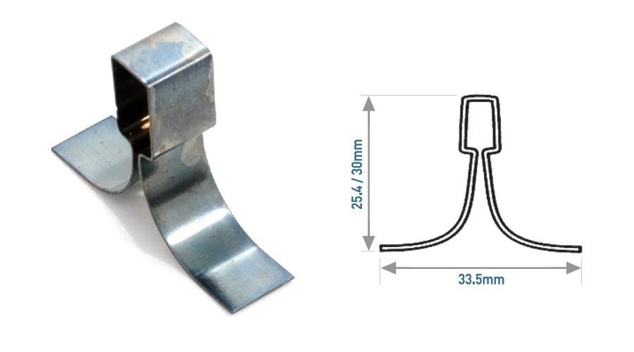 Metal spring clip with a box top and curved, flared base. Dimensions labeled.