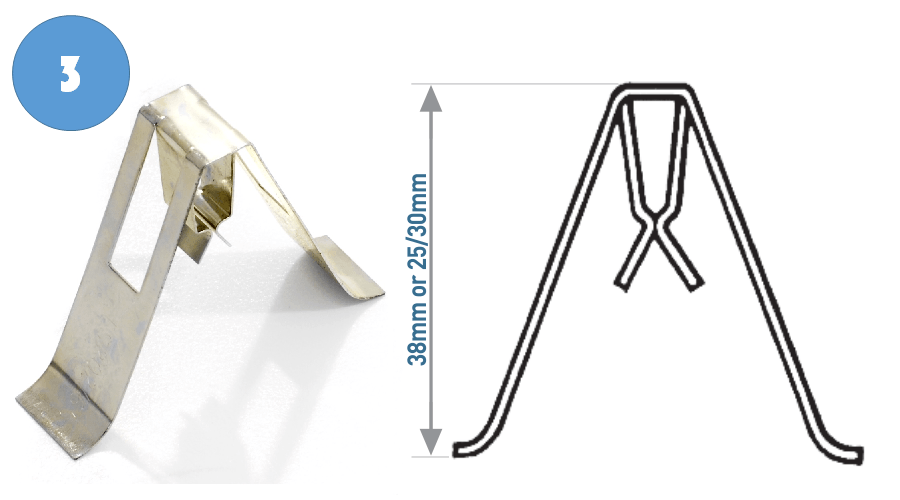 Metal spring clip, bent into a V-shape. One end has a square cutout. Diagram shows height options: 36mm or 25/30mm.