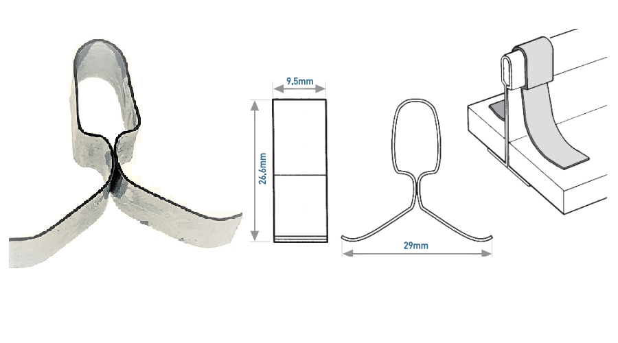Metal spring clip with dimensions and diagram of its use.