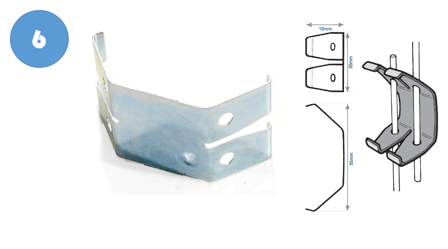 Metal bracket with mounting holes, diagrams showing dimensions and installation on a rod.