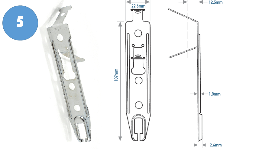 Diagram of metal bracket with dimensions labeled, including its side and top views.