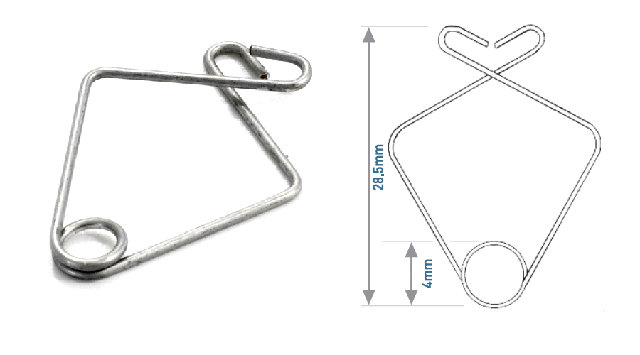 Metal spring clasp with a diamond-shaped frame and a circular base, with dimensions labeled.