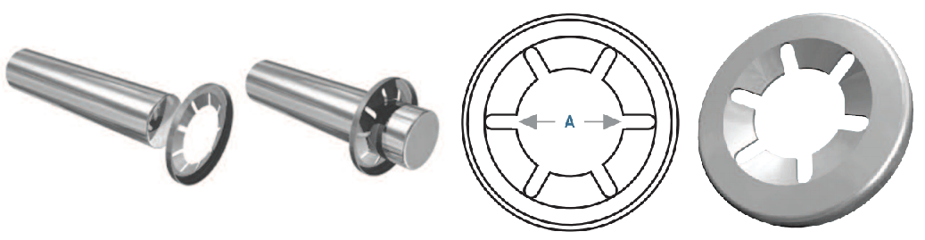 Hardware fasteners: a pin and a toothed retaining ring.