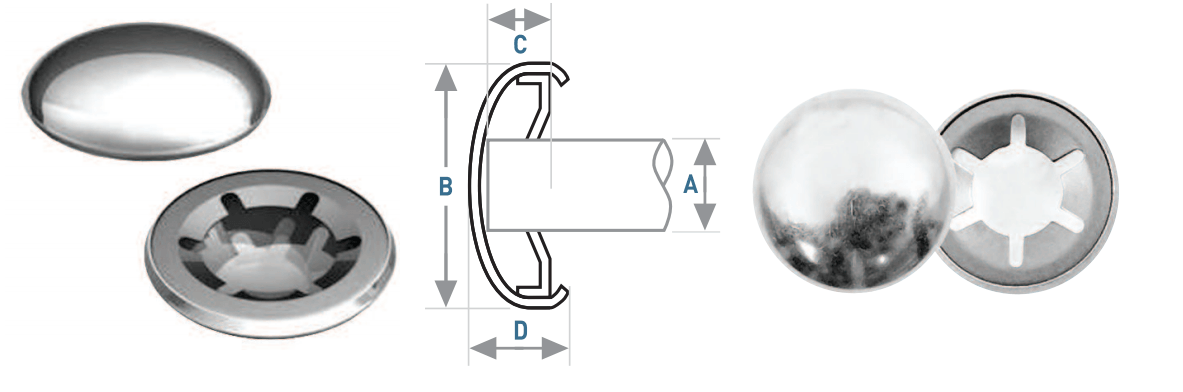 Various views of a chrome-plated push-on nut and its components, used for securing panels or objects.