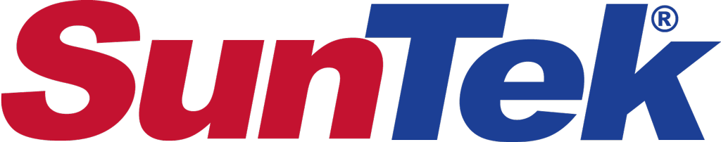 A red and blue suntek logo on a white background