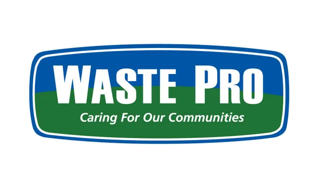 Waste Pro logo with blue and green rectangle, white text: WASTE PRO, Caring For Our Communities.