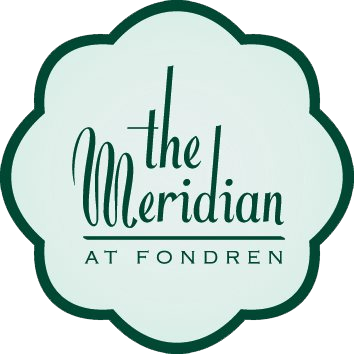 The Meridian at Fondren logo: Green quatrefoil frame with dark green text on light green background.