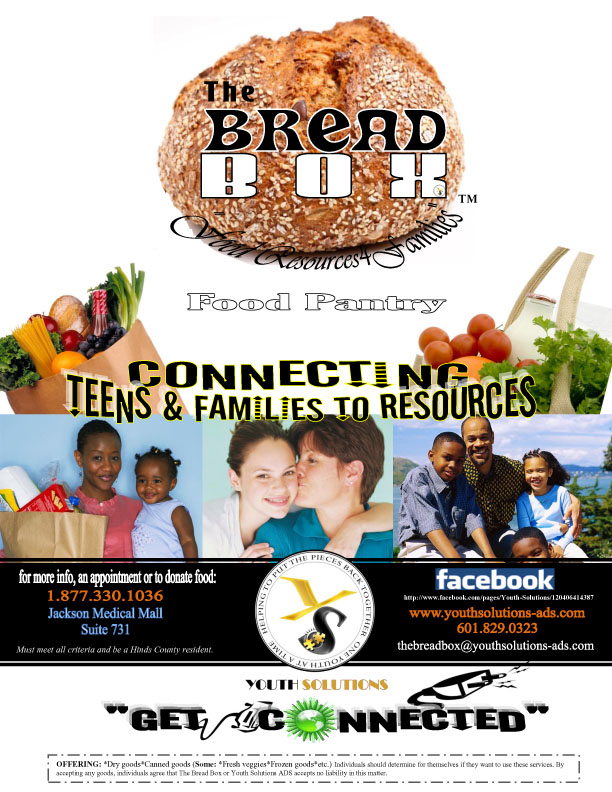 Flyer for The Bread Box Food Pantry: Connecting teens & families to resources. Features bread, food, and people.