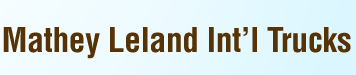 Mathey Leland Int'l Trucks, brown text on a light blue gradient background.