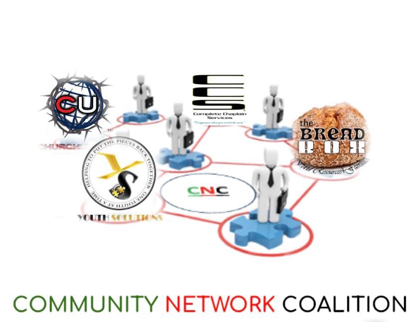 Community Network Coalition graphic. Logos and figures connected in a network. Text: The Bread and CNC.