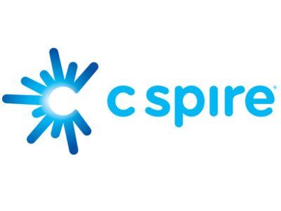 C Spire logo: Blue burst graphic with the company name in light blue, white background.
