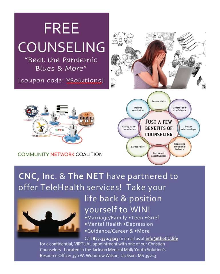 Advertisement for free telehealth counseling; a woman in distress, benefits listed, logo, and a person with arms raised.