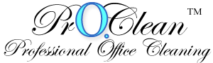 Logo for ProClean, a professional office cleaning service. Features a blue O in 